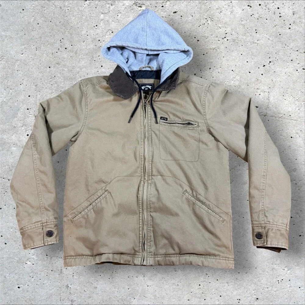 Billabong Hooded Canvas Work Jacket Tan Mens Size S Corduroy Collar Pullover